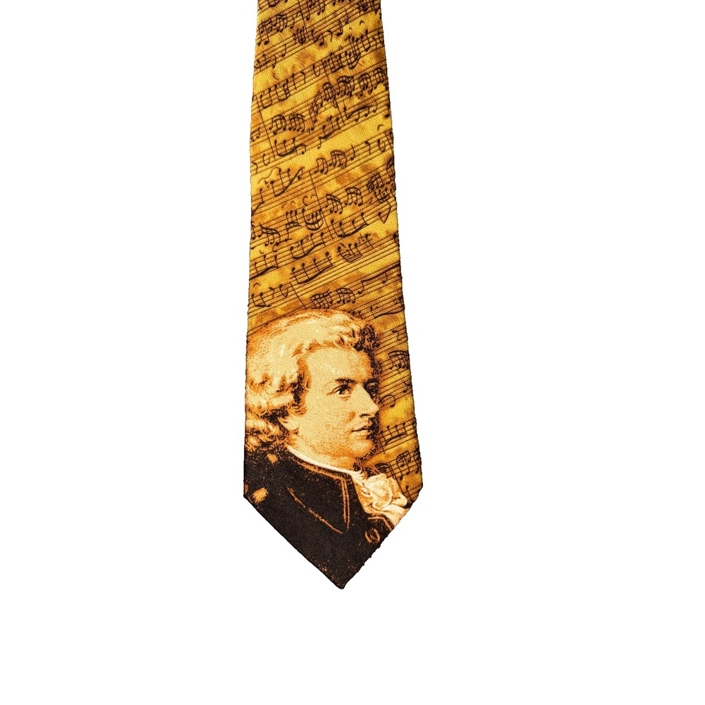 Wild Attire Mozart Portrait Necktie 100% Silk Music Series Handmade Gold Black